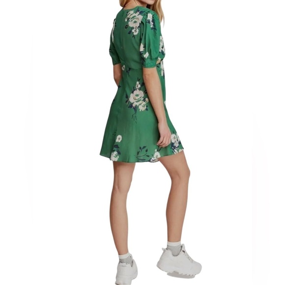 Free People Dress Size 4 Neon Garden Green Floral Mini Fit n Flare  Puff Sleeves - Picture 2 of 14